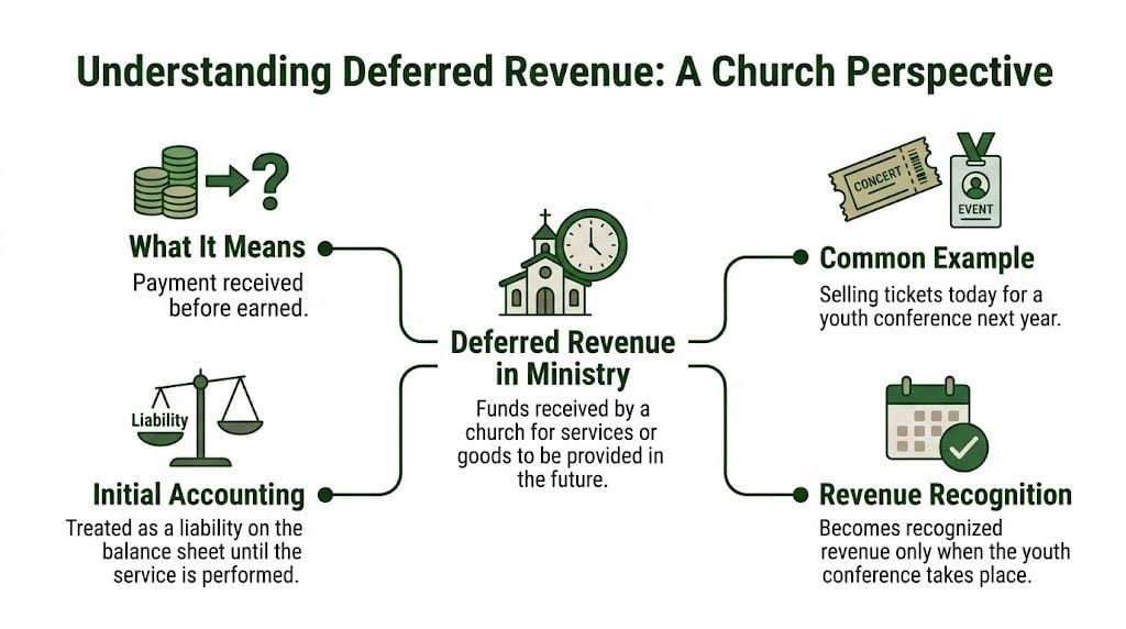 An infographic explaining deferred revenue in a church setting with accounting definitions and examples.