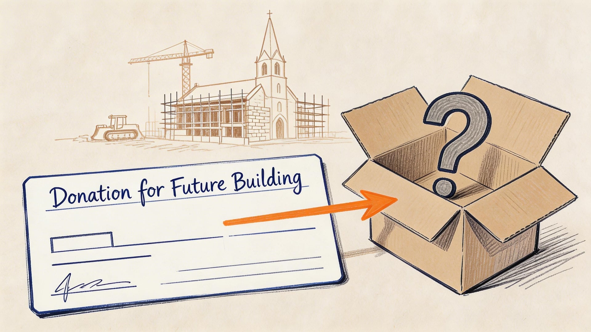 A conceptual drawing showing a donation check for a future building pointing toward a mysterious empty box.
