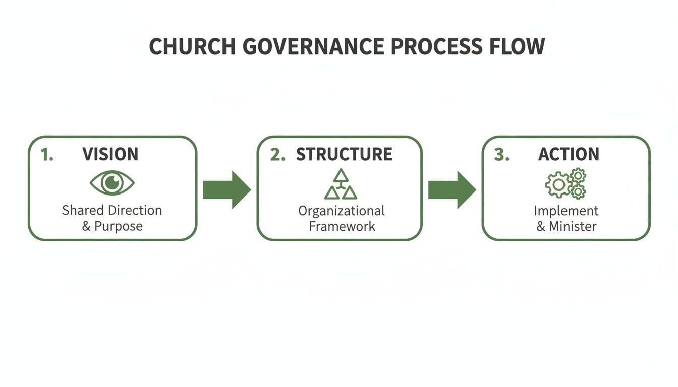 A three-step process flow diagram illustrating church governance: Vision, Structure, and Action.