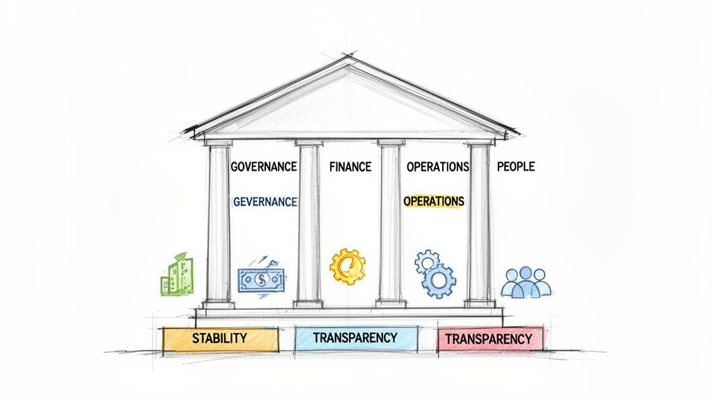 A diagram of a building showing governance, finance, operations, and people pillars on stability and transparency foundations.