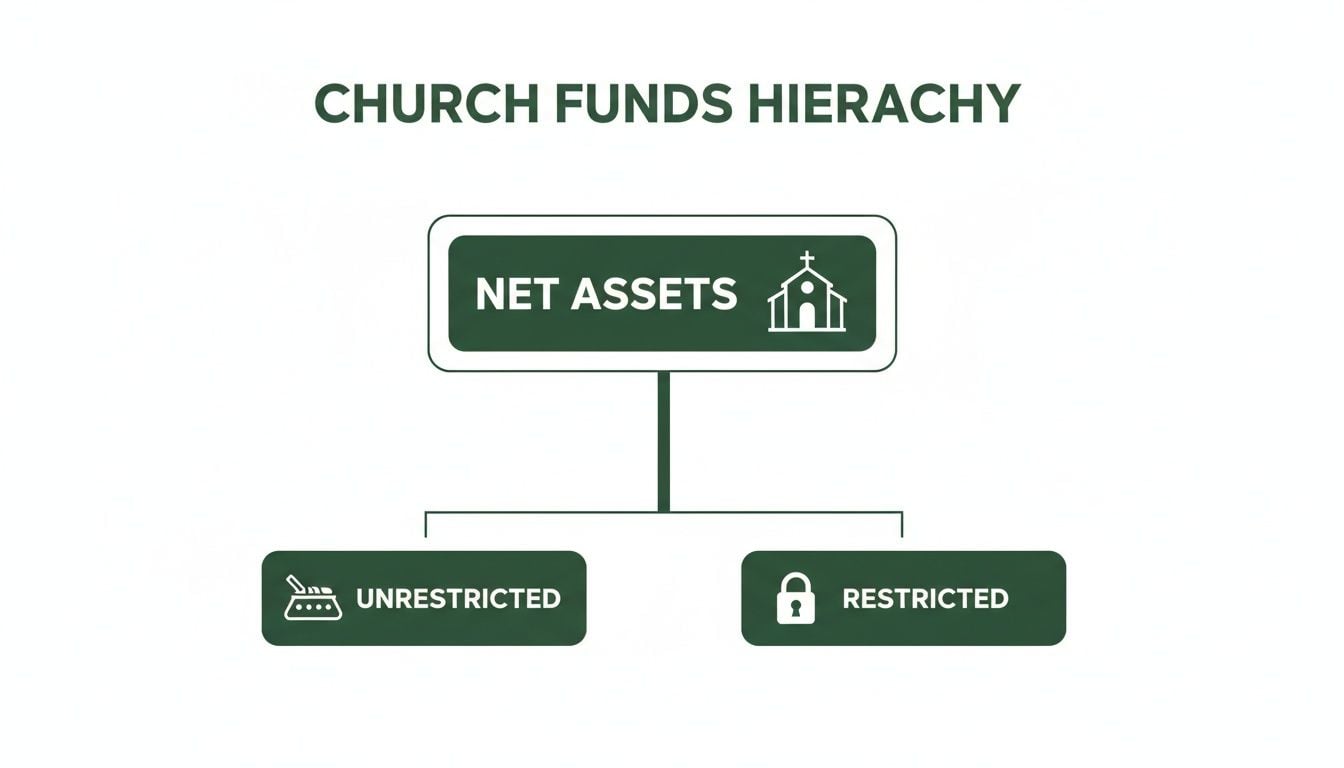 A church funds hierarchy diagram showing net assets branching into unrestricted and restricted funds.