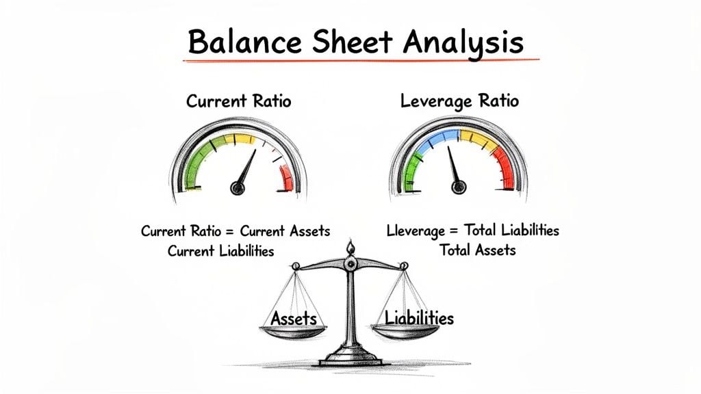 An image illustrating balance sheet analysis with current ratio, leverage ratio, assets, and liabilities.
