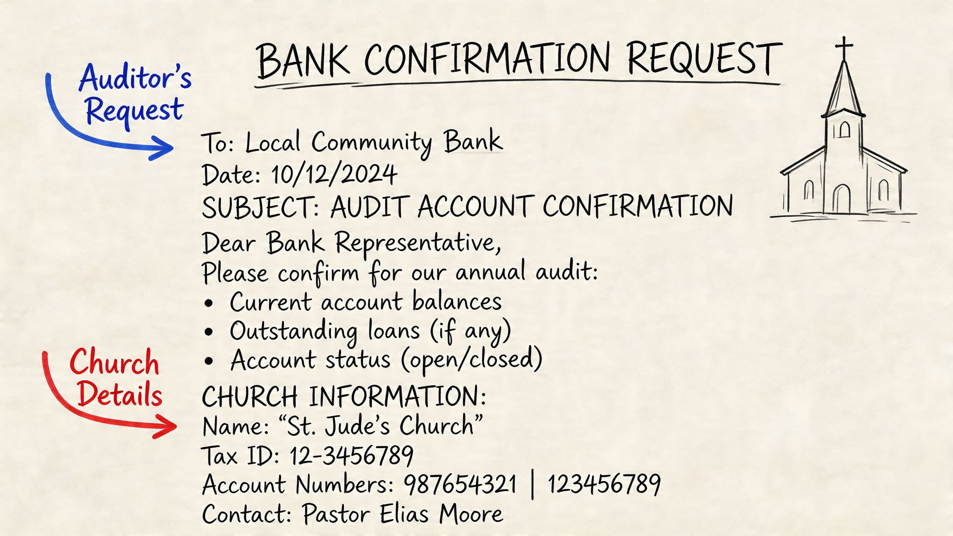 A hand-drawn bank confirmation request document from St. Jude's Church for their annual financial audit.