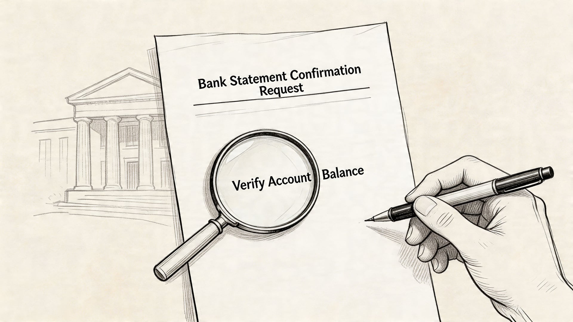 A hand holding a pen over a bank statement confirmation request document with a magnifying glass.