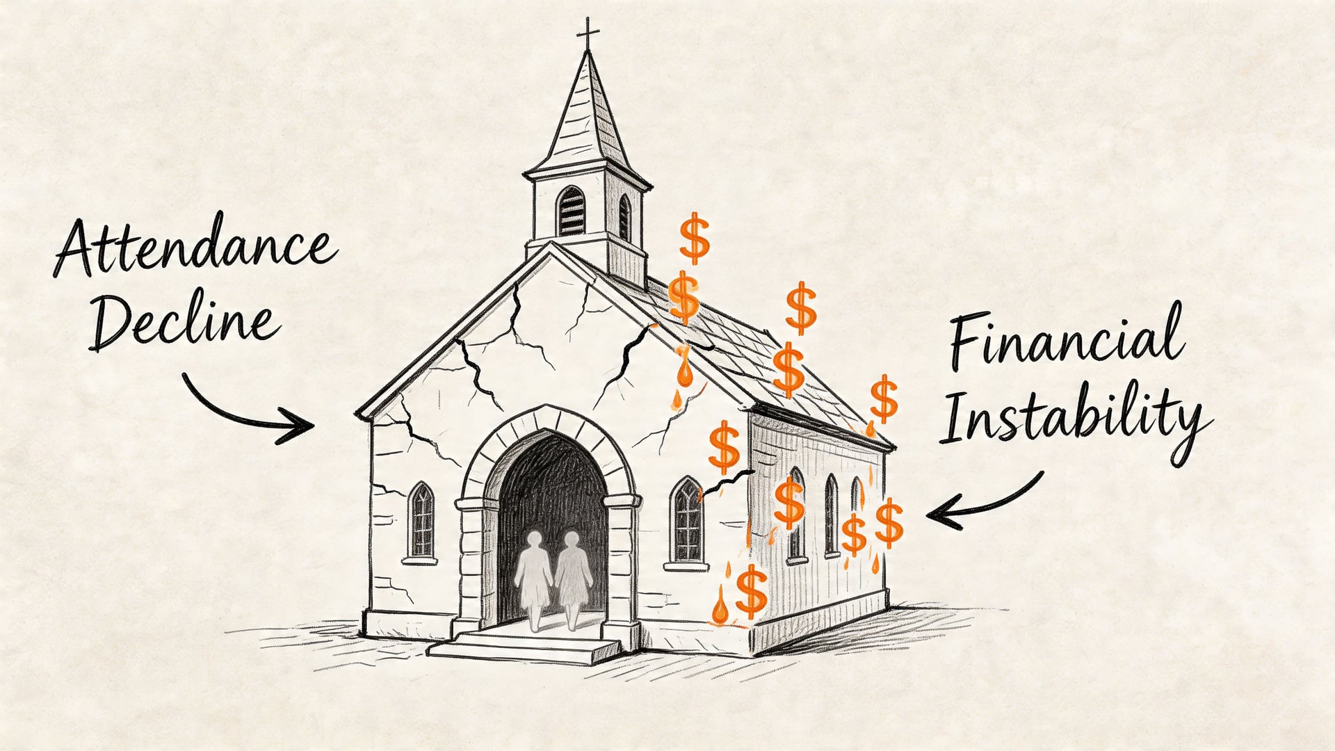 A pencil sketch of a crumbling church illustrating concepts of declining attendance and financial instability challenges.