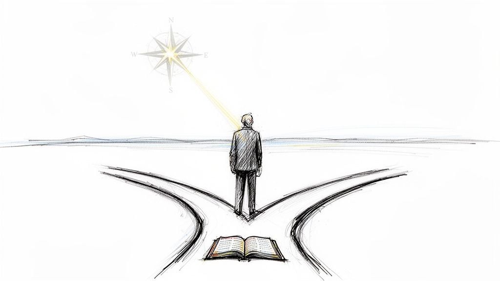 A person stands at a crossroads, illuminated by a compass star, with an open book on the ground.