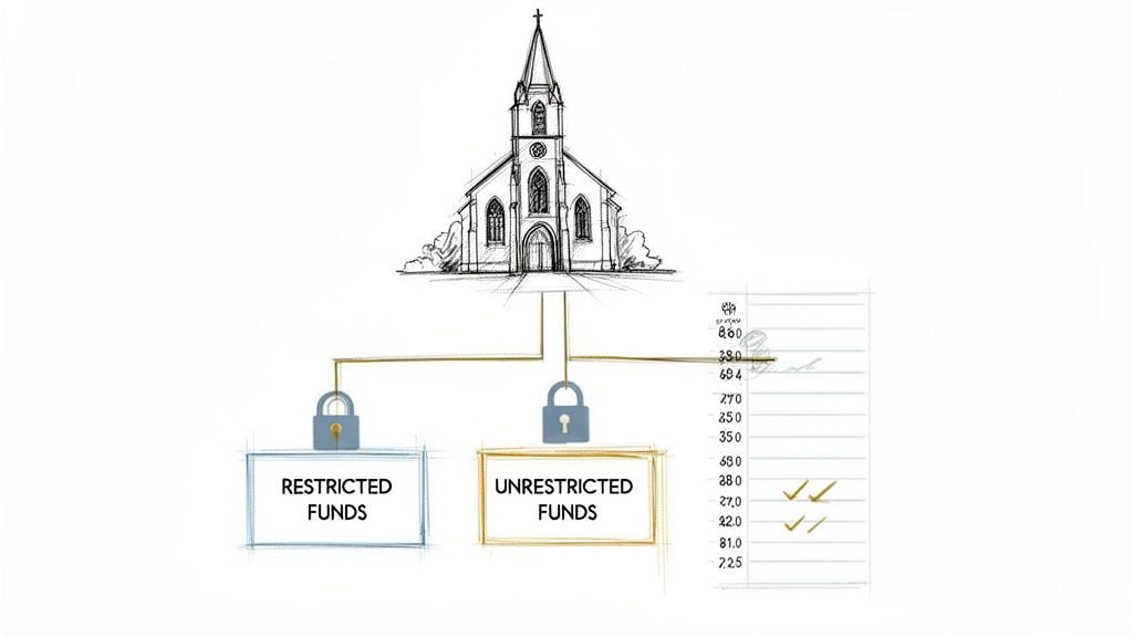 Church financial management diagram with restricted and unrestricted funds, and an audit checklist.