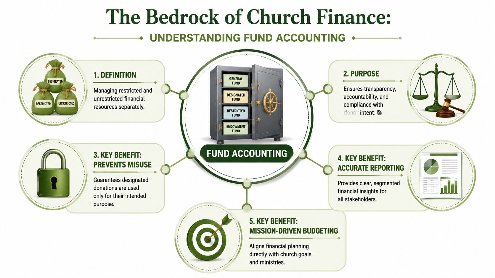 An infographic titled The Bedrock of Church Finance, explaining the five key principles of church fund accounting.