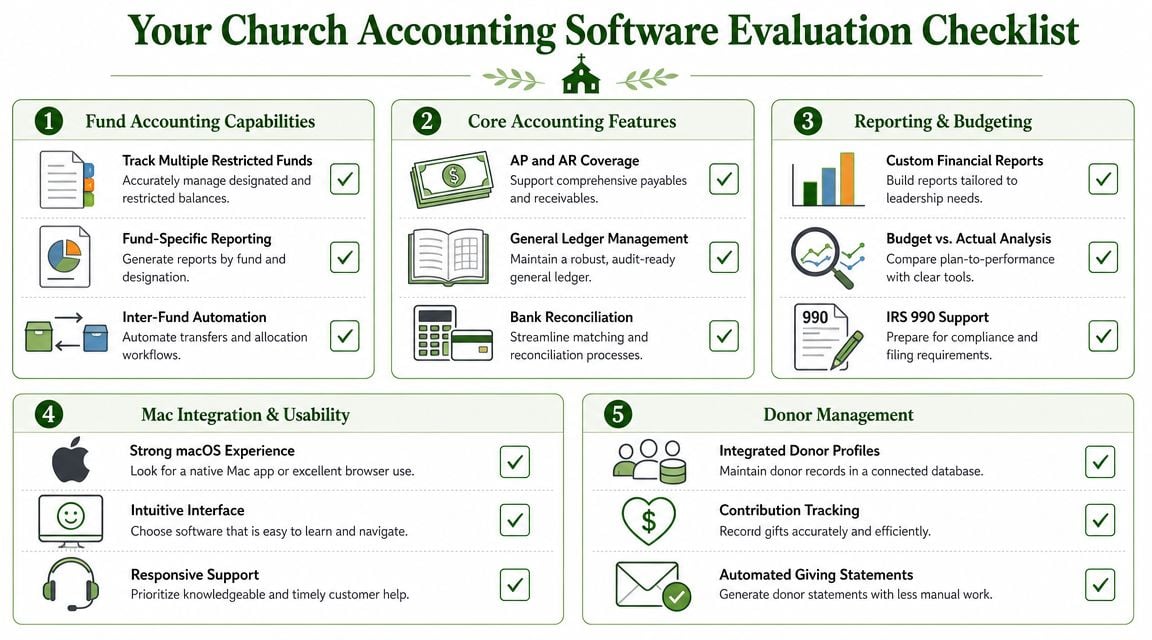 A checklist for evaluating church accounting software, outlining five key categories for church management features and usability.