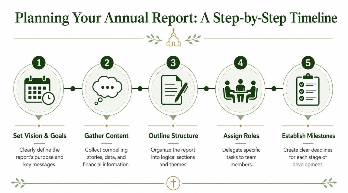 A five-step planning timeline for creating a church annual report, including vision, content gathering, and milestones.