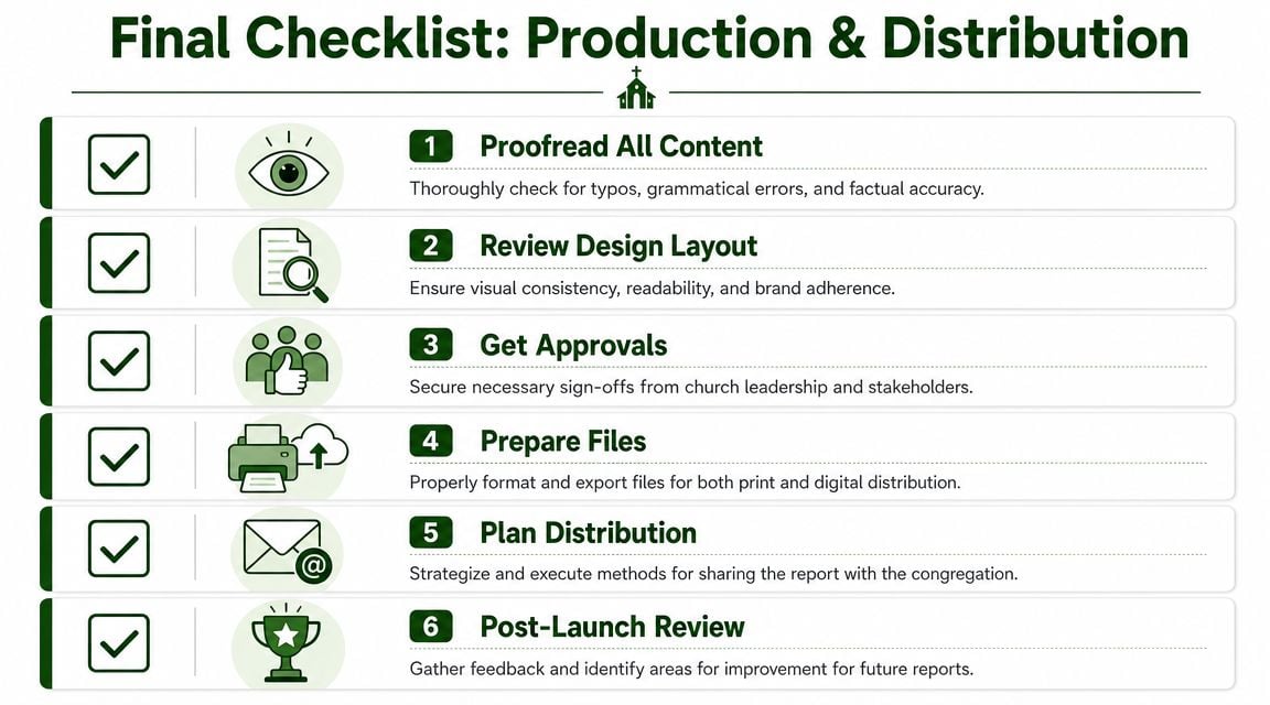 A six-step checklist infographic for church production and distribution of reports with icons and text.