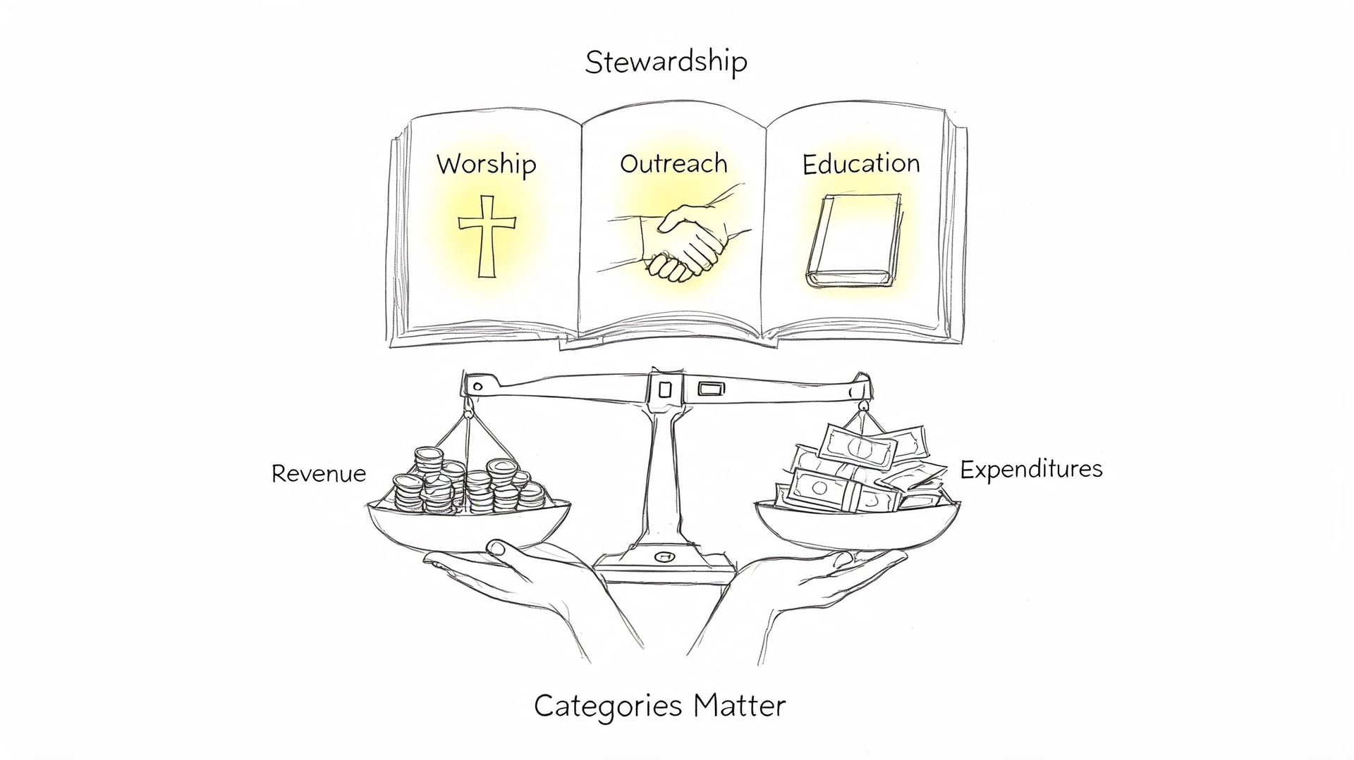 A conceptual drawing of church stewardship showing an open book, a balanced scale with coins and cash.