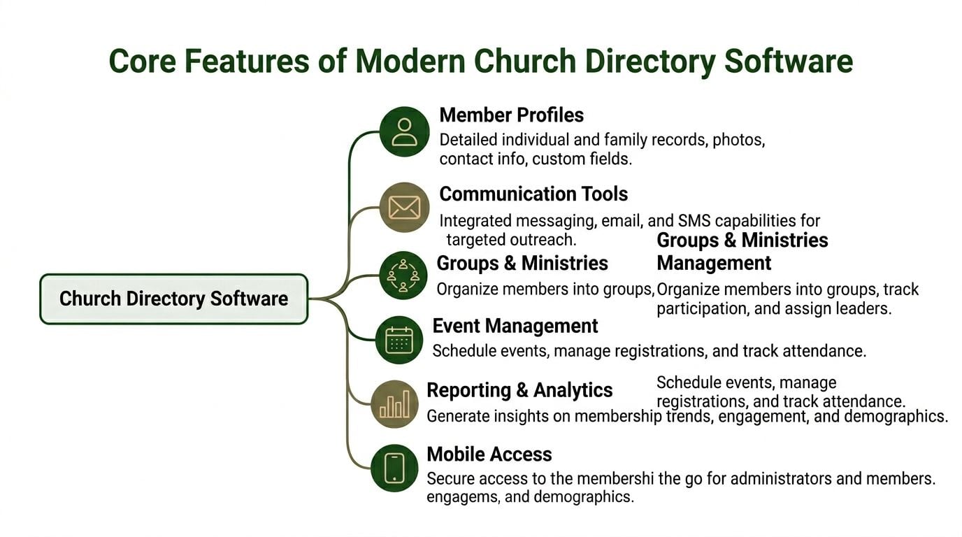 A diagram illustrating the six core features of modern church directory software for efficient member management.