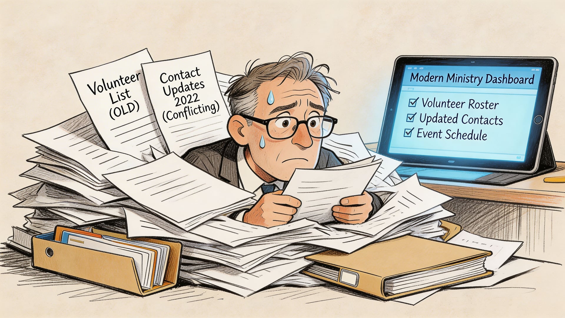 A stressed man overwhelmed by piles of messy paper documents sitting next to an organized digital dashboard.