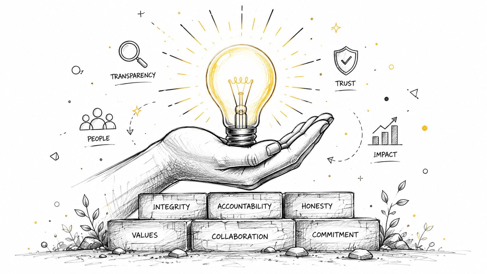 A hand holding a glowing lightbulb above brick foundations labeled with core business values and icons.