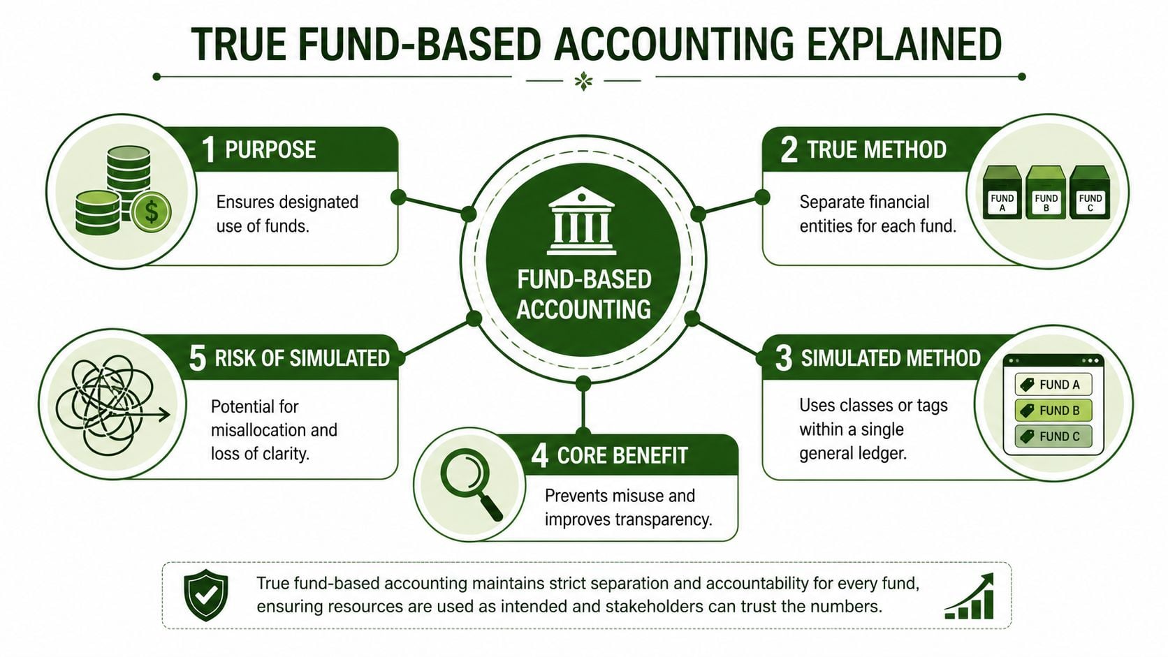 An infographic illustrating the core principles and benefits of true fund-based accounting compared to simulated methods.