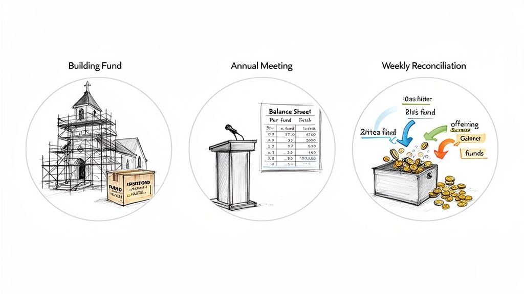 Illustrative diagrams showing church financial processes: building fund, annual meeting balance sheet, and weekly reconciliation of offerings.
