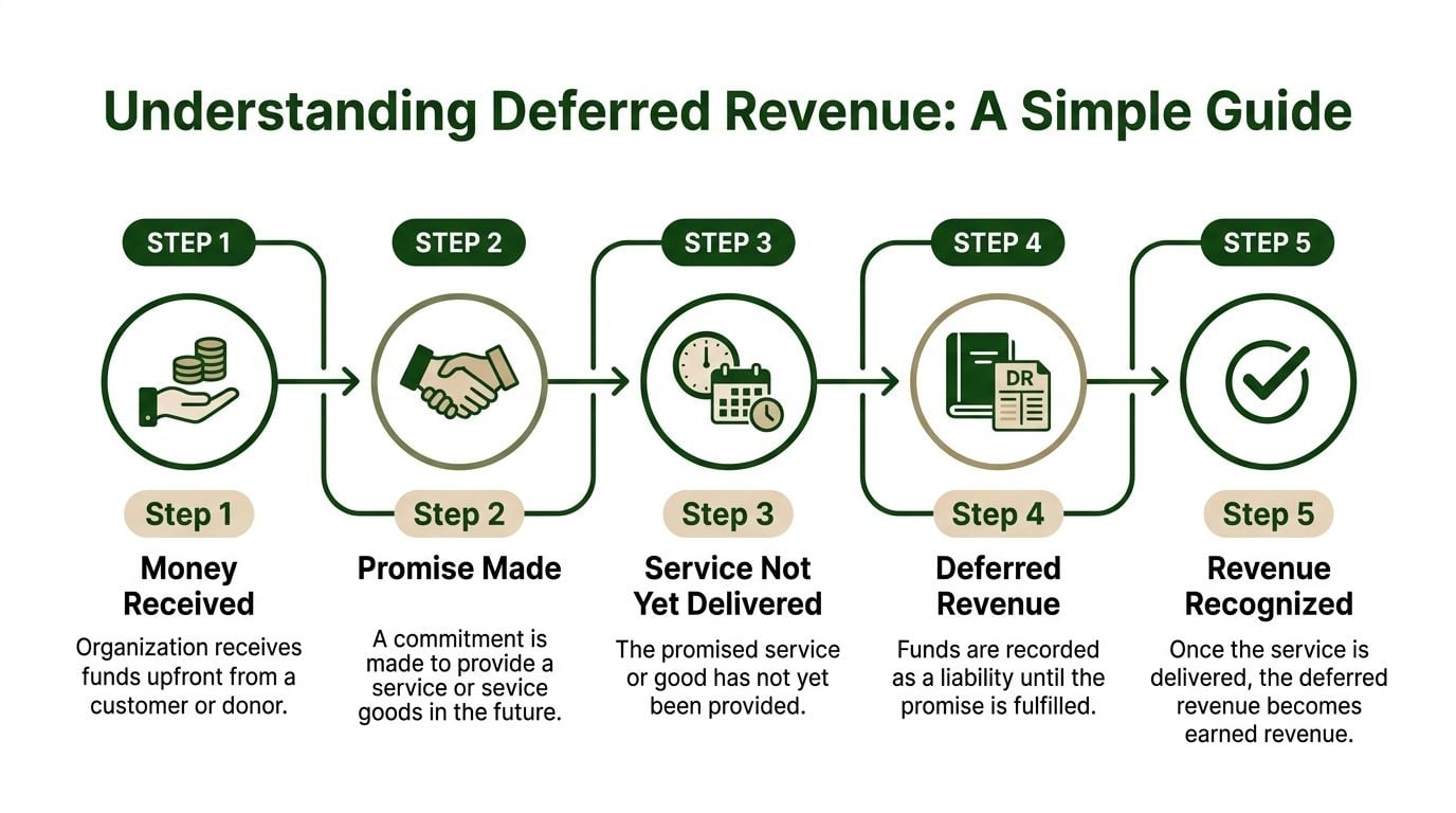 A five-step infographic explaining the process of deferred revenue from receiving funds to service delivery.