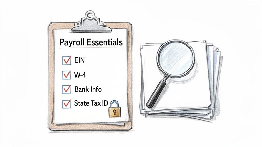 Payroll essentials checklist with EIN, W-4, bank info, state tax ID, documents, and magnifying glass.