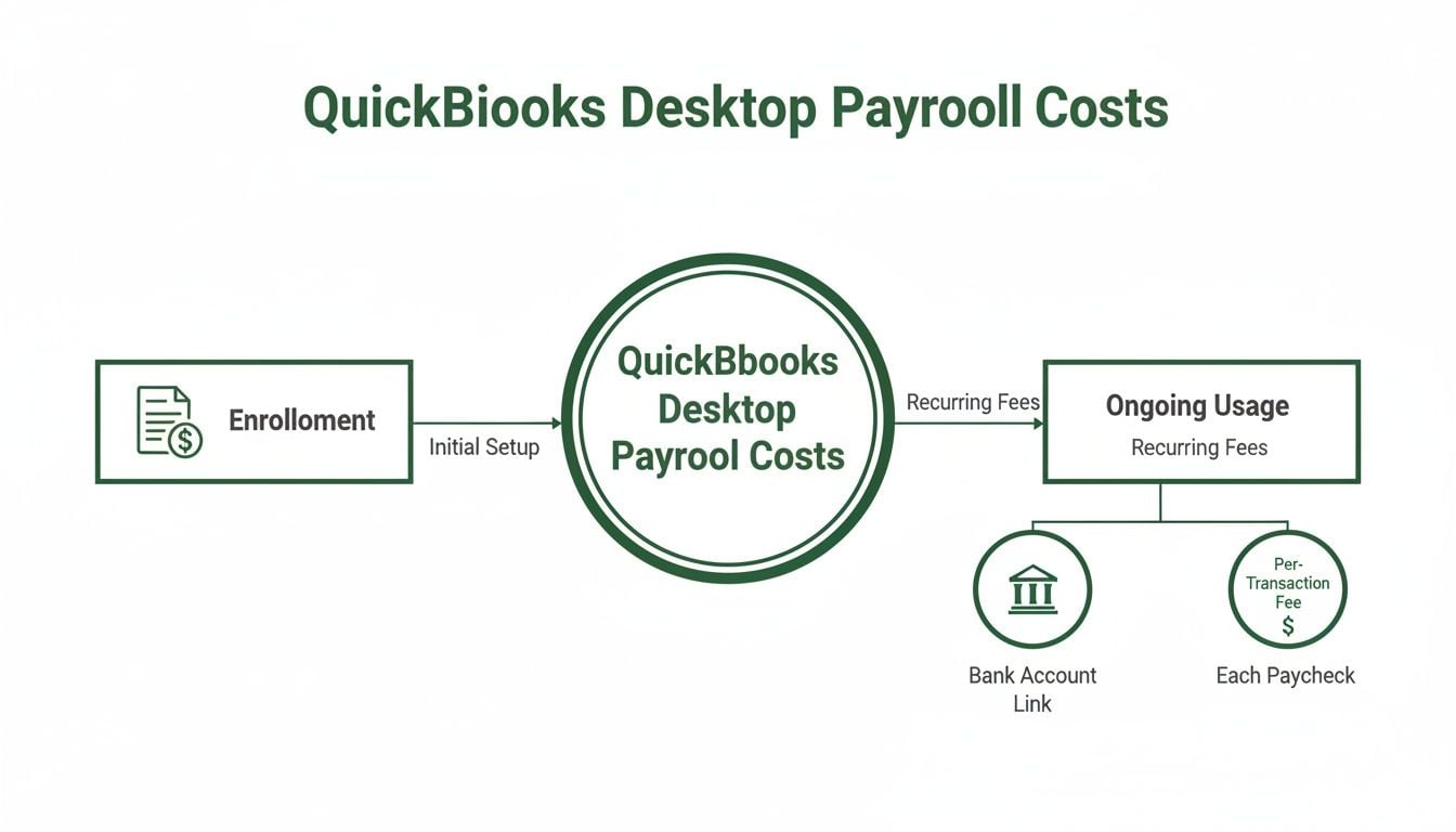 Flowchart illustrating QuickBooks Desktop Payroll costs, covering enrollment, initial setup, recurring, and transaction fees.