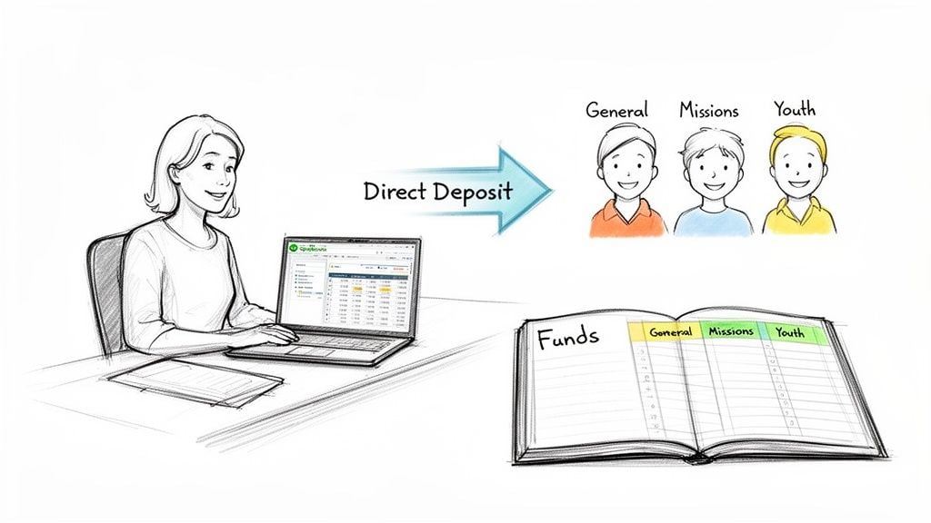 A woman uses QuickBooks on a laptop for direct deposits, allocating funds to General, Missions, and Youth categories in a ledger.