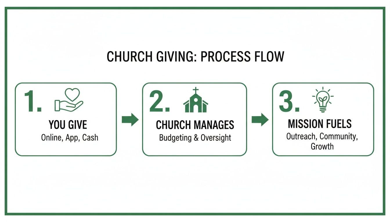 A three-step process flow diagram illustrating church giving, from donation to church management and mission funding.