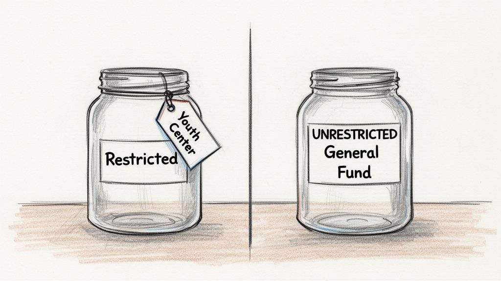 Two jars illustrate fund types: one restricted for 'Youth Center', the other an 'UNRESTRICTED General Fund'.