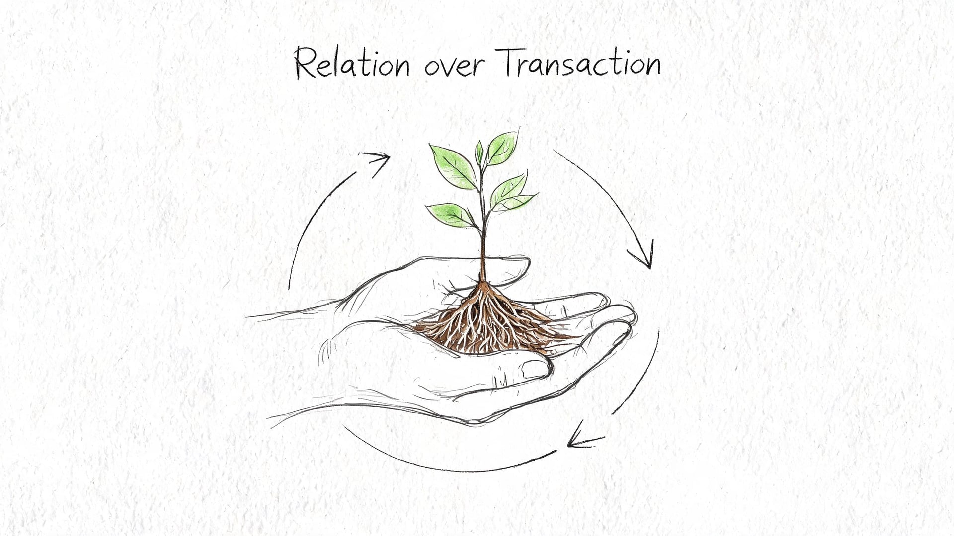A hand-drawn illustration showing cupped hands holding a young plant with roots, symbolizing growth and human connection.