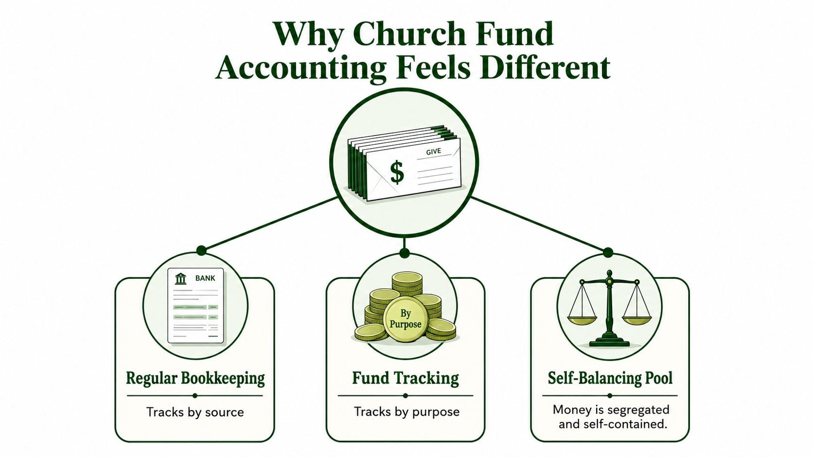 A diagram explaining the three key components of church fund accounting: bookkeeping, fund tracking, and self-balancing pools.
