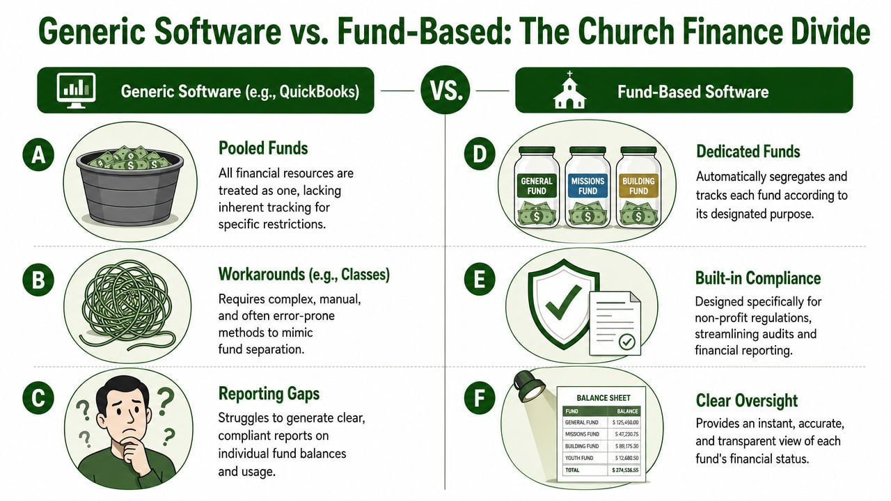 A comparison infographic between generic accounting software and specialized fund-based software for church financial management.