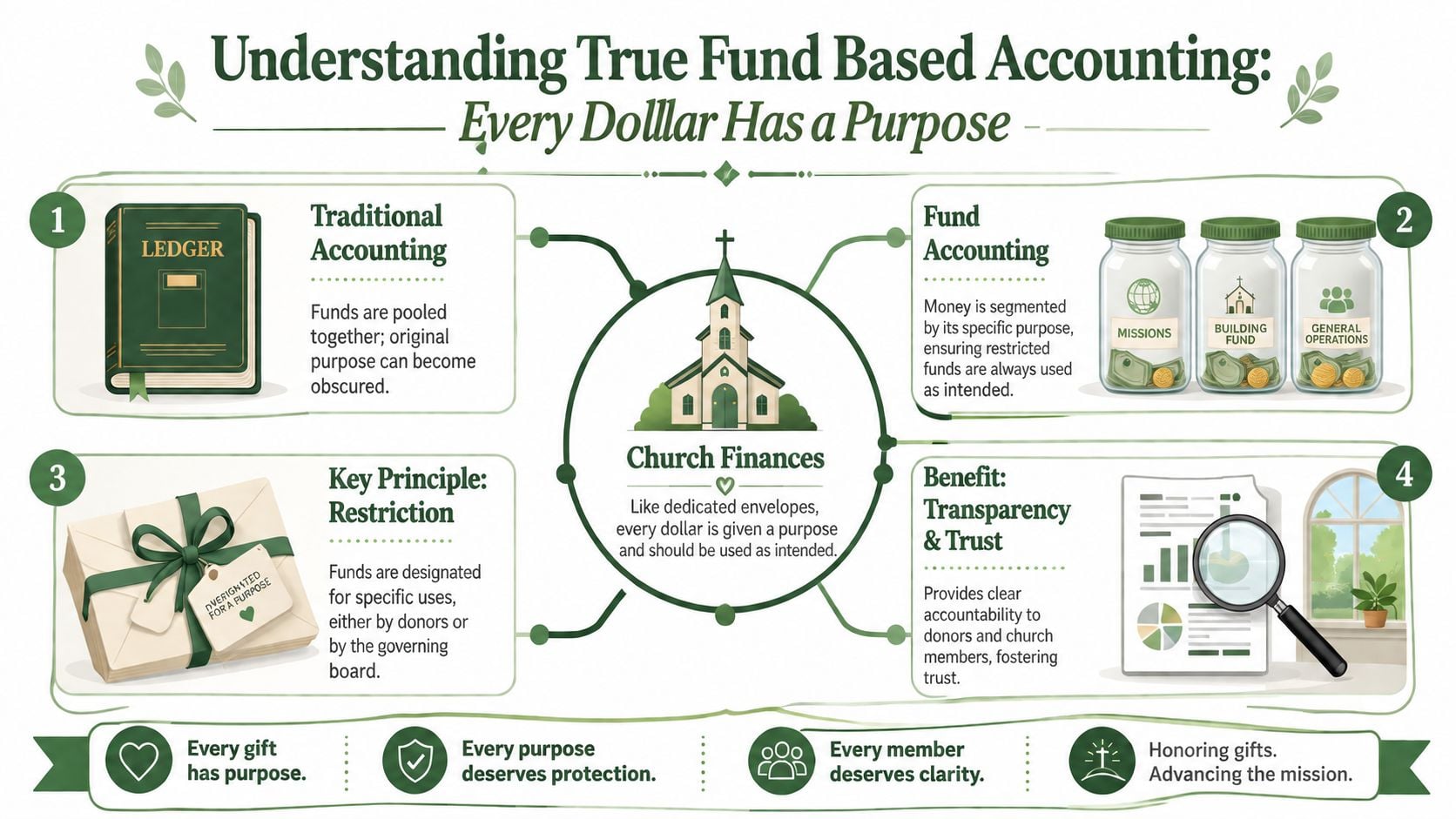 An infographic explaining fund-based accounting for churches, emphasizing transparent financial management and restricted purpose usage for donations.