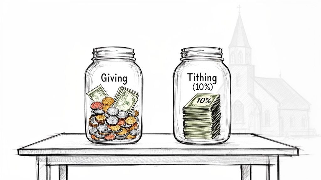 Two jars on a table, one labeled "Giving" with mixed cash, the other "Tithing (10%)" with stacked bills.