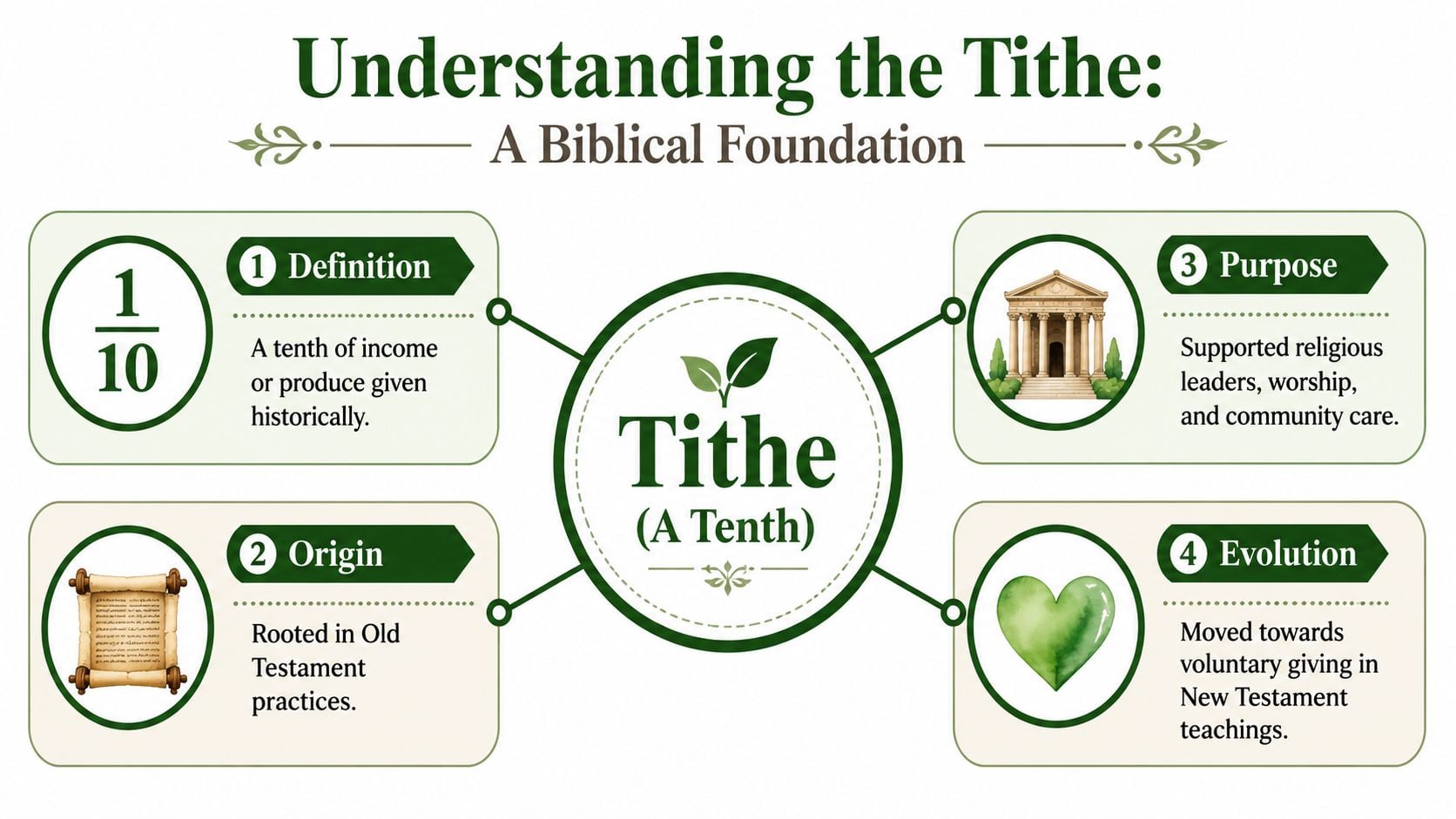 An infographic titled Understanding the Tithe showing four key aspects of biblical tithing including definition, origin, purpose, and evolution.