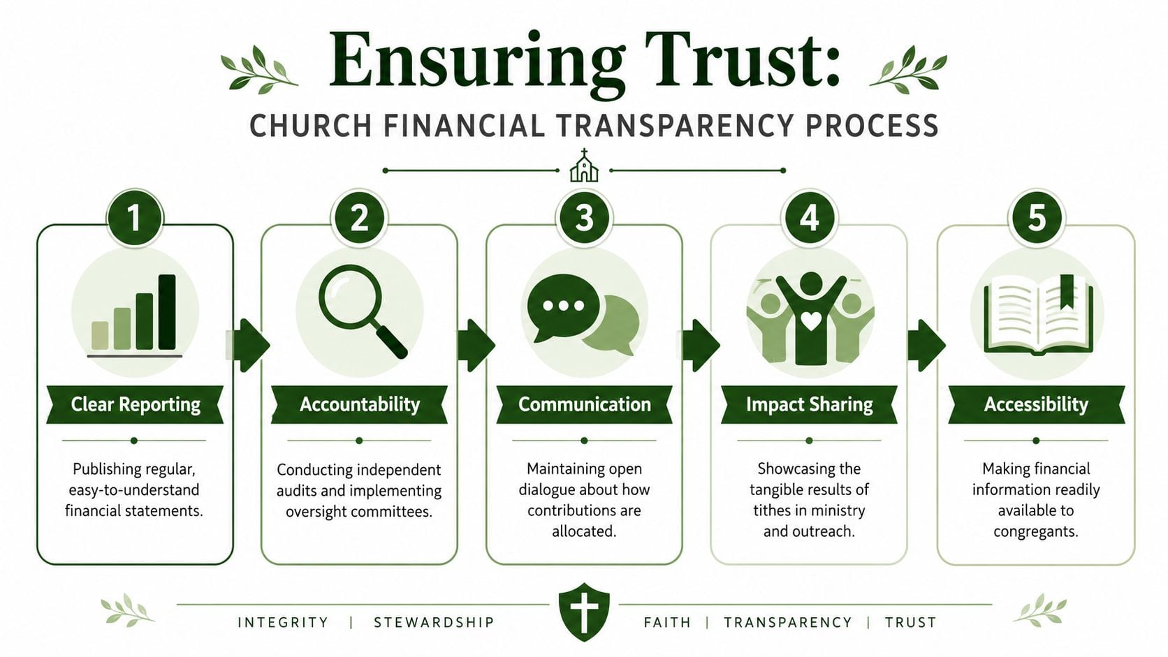 An infographic detailing five steps for maintaining church financial transparency, including reporting, accountability, communication, impact, and accessibility.