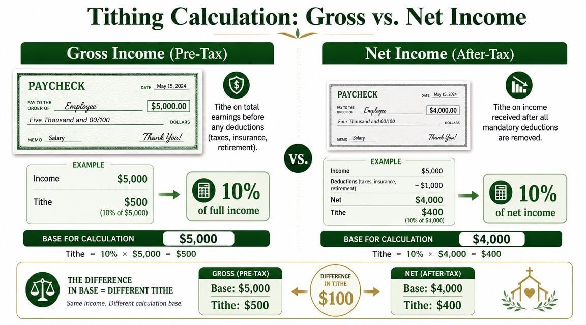 An infographic comparing tithing calculations using gross versus net income with examples and the resulting difference.