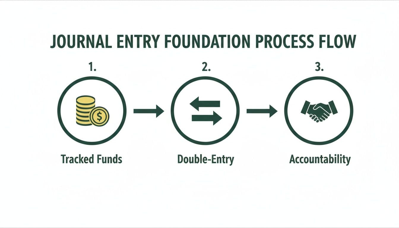 A process flow for journal entry foundations, illustrating tracked funds, double-entry, and accountability.