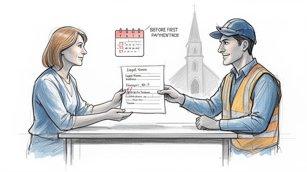 A worker in a hard hat hands a tax form, including Taxpayer ID-9, to a woman.
