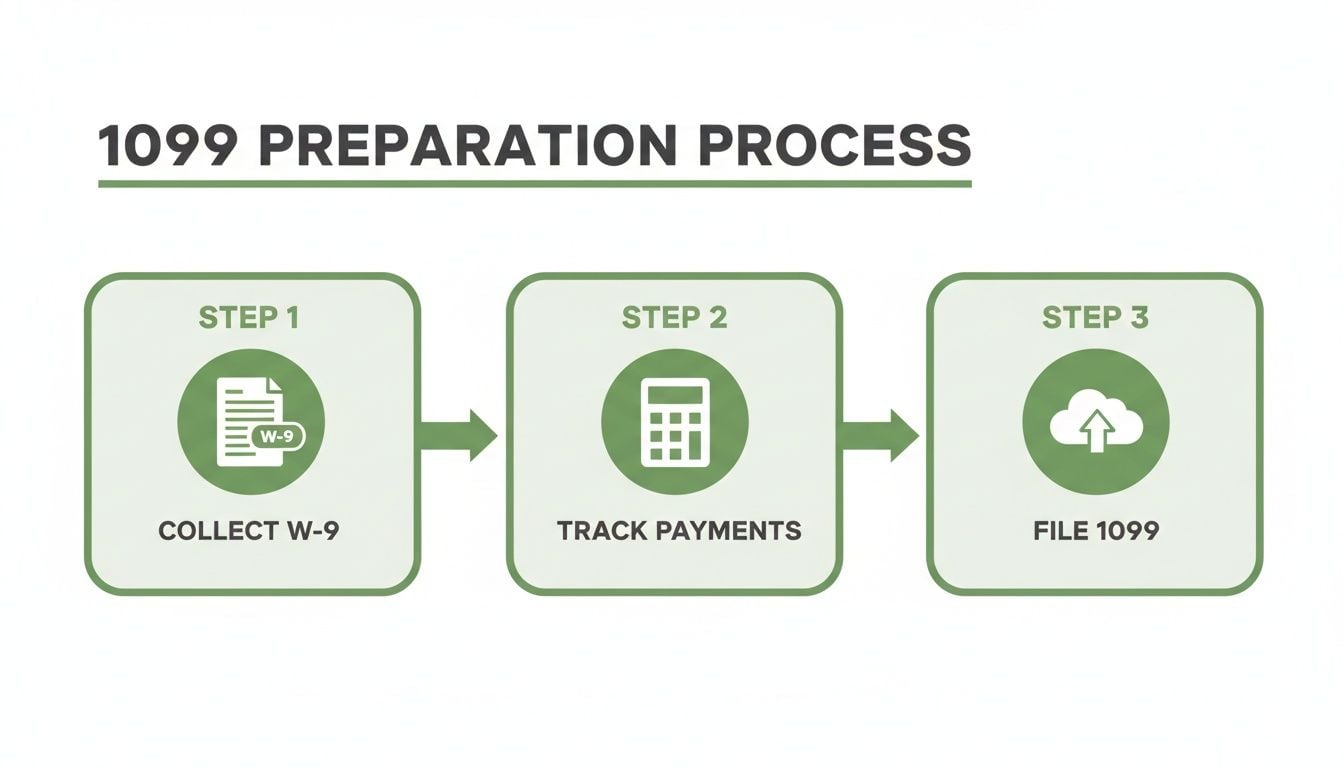 A clear, three-step infographic detailing the 1099 preparation process: collect W-9, track payments, and file 1099.