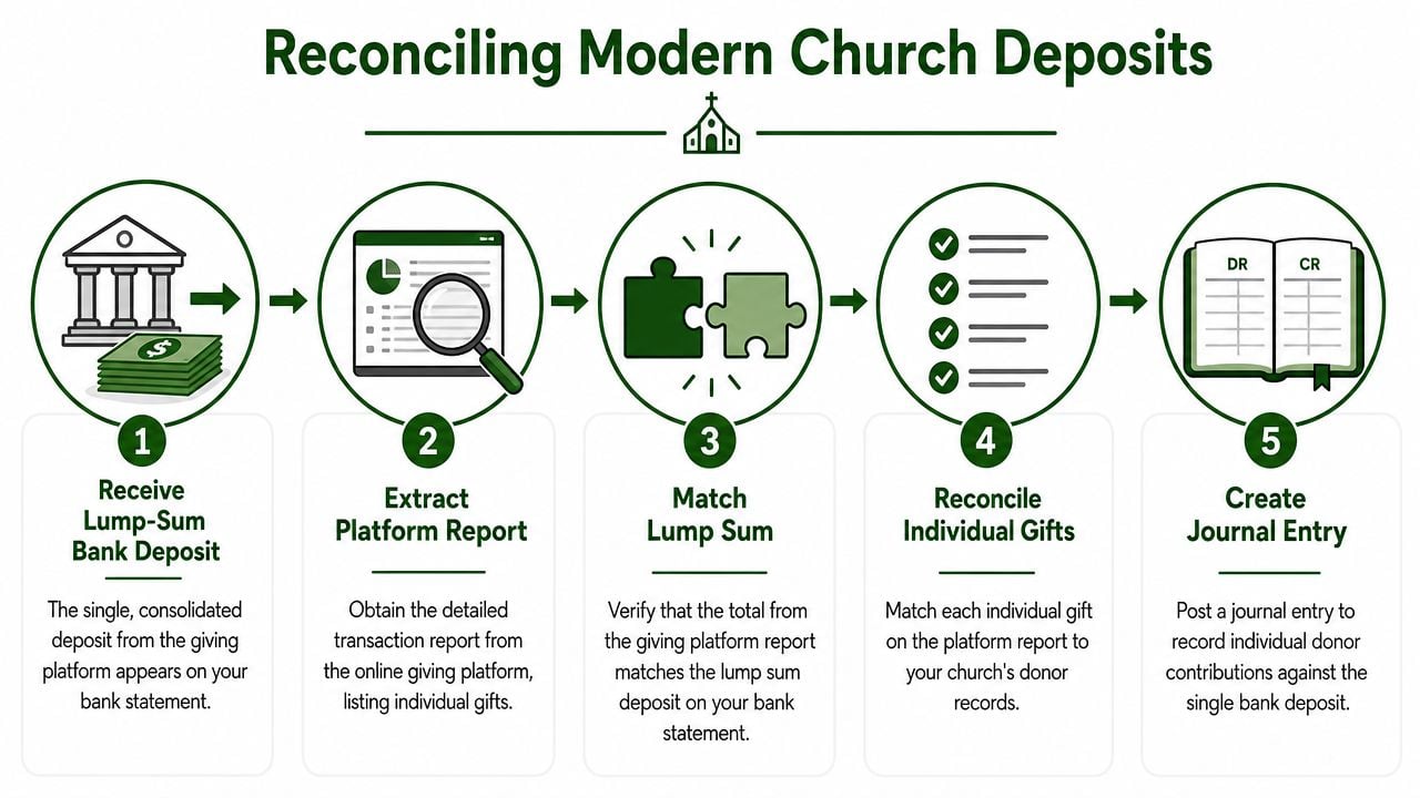 A five-step infographic showing the process of reconciling church bank deposits from online giving platforms.