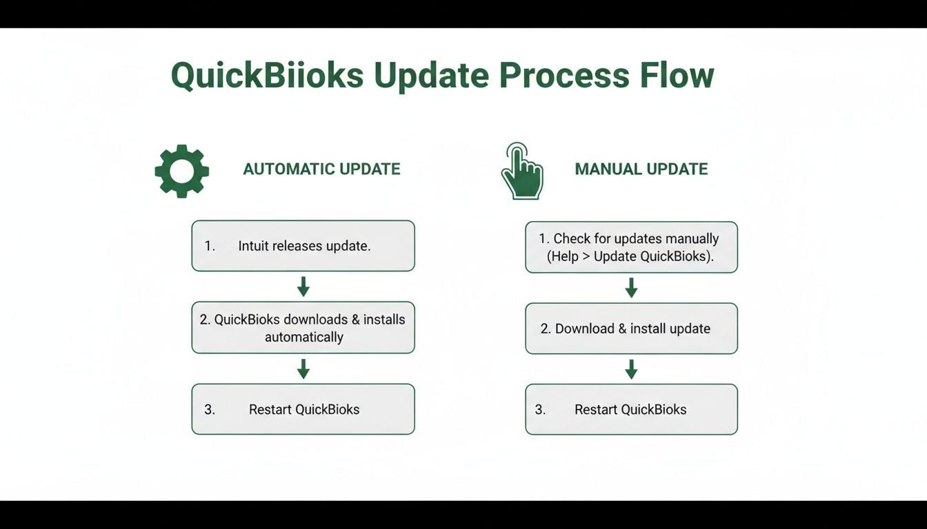 A QuickBioks update process flow chart illustrating automatic and manual installation steps.