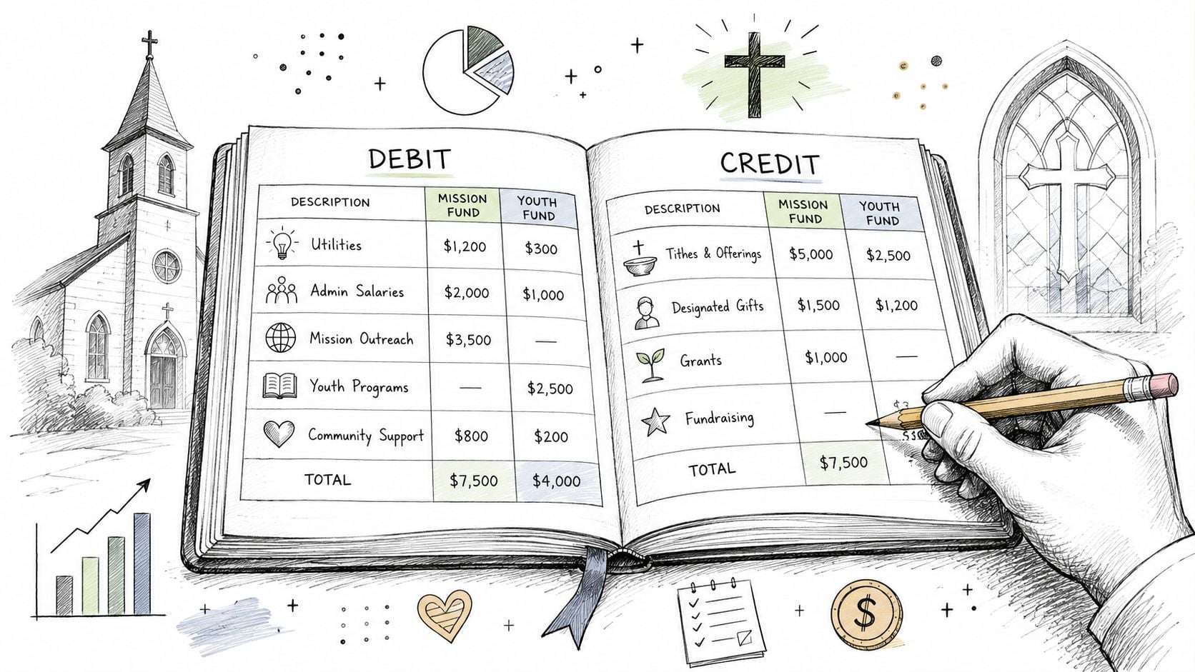 A hand writes in an accounting ledger illustrating church ministry funds allocation between debits and credits.