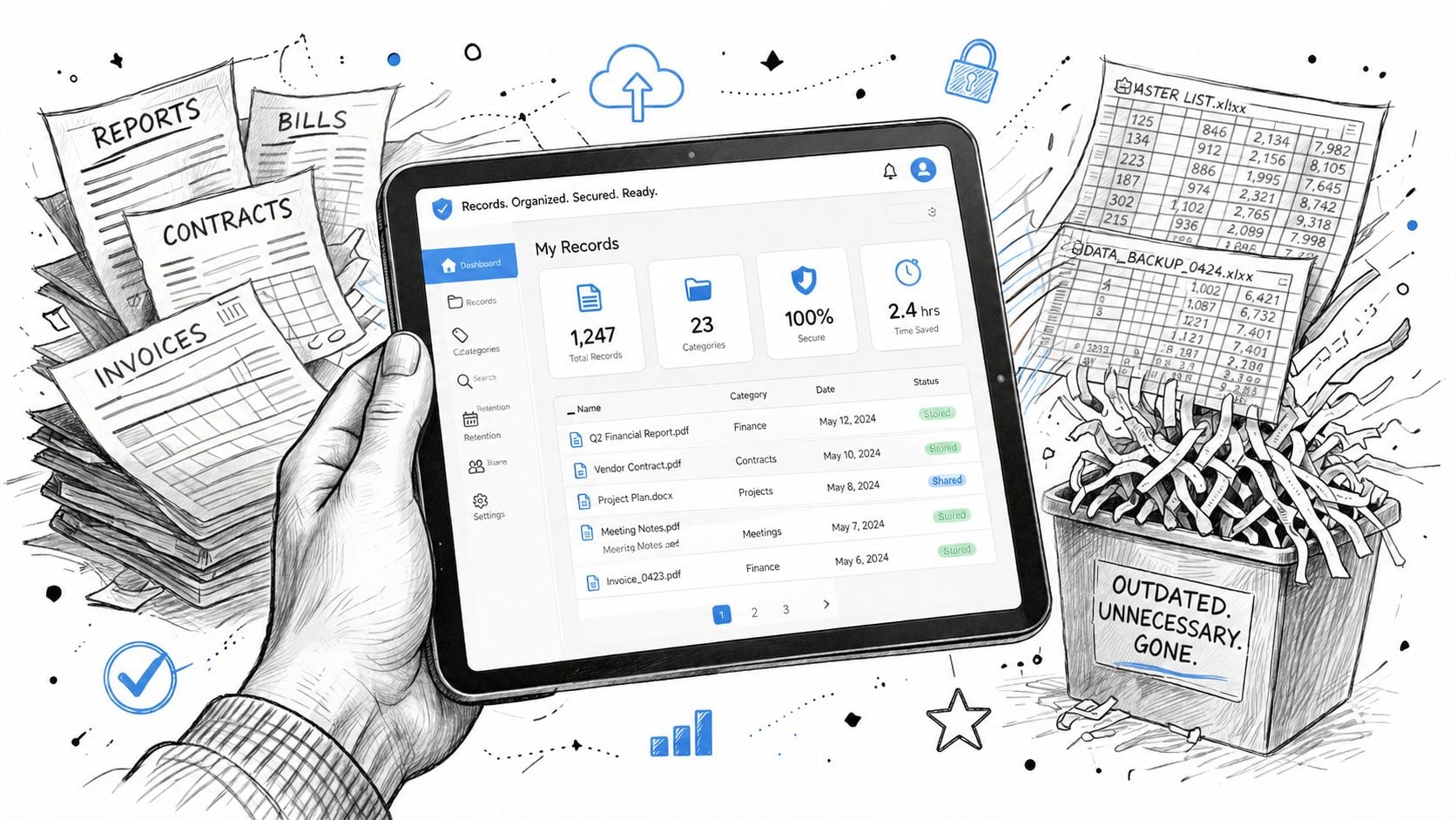 A hand holding a digital tablet displaying an organized record management software dashboard with paper files and shredded documents.
