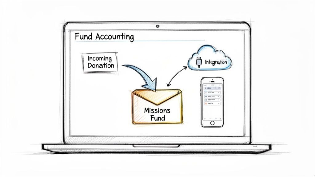 A sketch illustrating fund accounting on a laptop, showing incoming donations to a missions fund and integration.