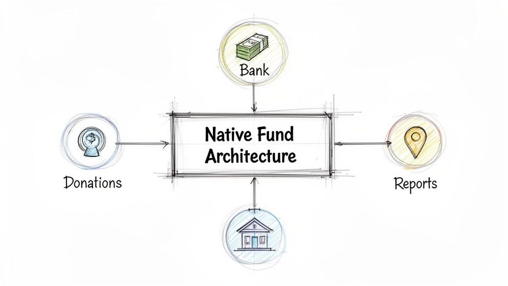 A visual diagram of Native Fund Architecture, detailing the flow from donations to banking, organization, and reports.