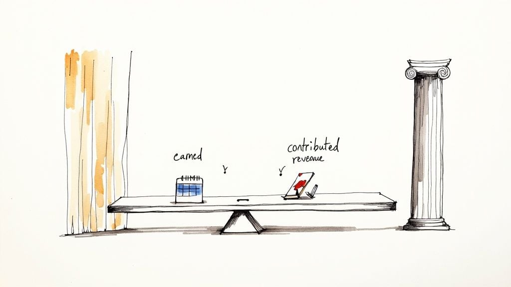Seesaw illustration balancing earned revenue against contributed revenue for nonprofit budget planning