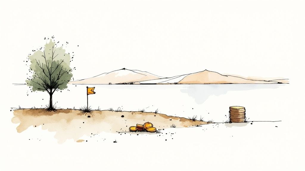 Watercolor illustration of sparse desert landscape with tree, flag, and coins representing limited nonprofit resources