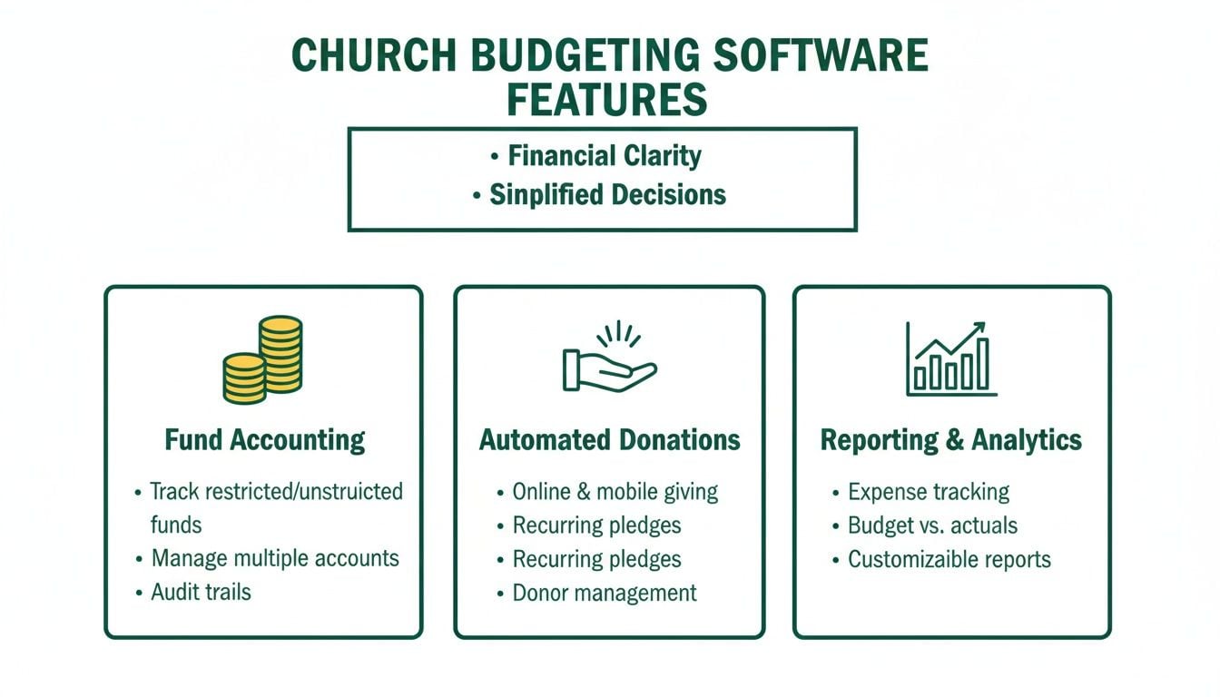 Church budgeting software features detailed, showing fund accounting, automated donations, and reporting for clarity and simplified decisions.
