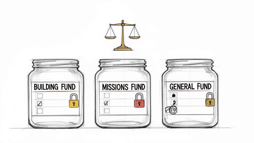 Illustration of three transparent jars labeled Building, Missions, and General Funds, with a scale of justice above.