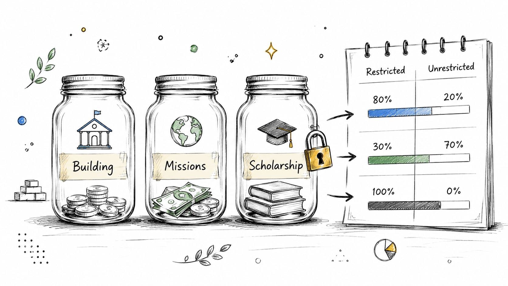 A hand-drawn illustration showing three glass jars labeled Building, Missions, and Scholarship, with corresponding fund restriction charts.