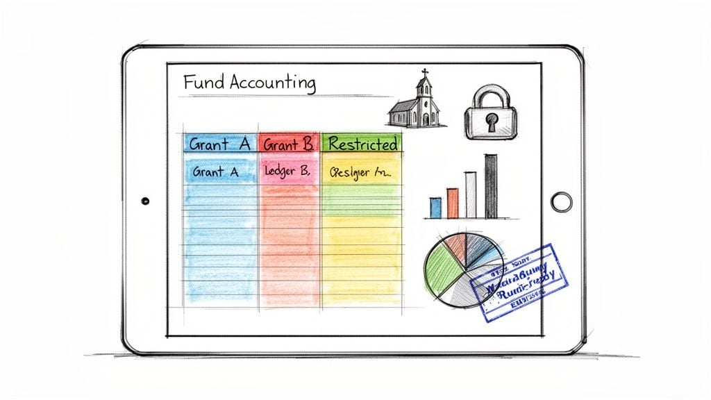 A hand-drawn tablet displays fund accounting data with grants, restricted funds, charts, church, and padlock.